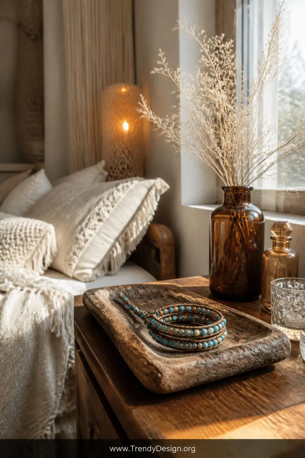 Beaded macrame wrap bracelet coiled loosely on a reclaimed wood jewelry tray beside a sunlit windowsill, turquoise and wooden beads catching warm afternoon light, wide shot showing the layered bracelet styled among dried botanicals and amber glass vessels in a boho-chic bedroom.