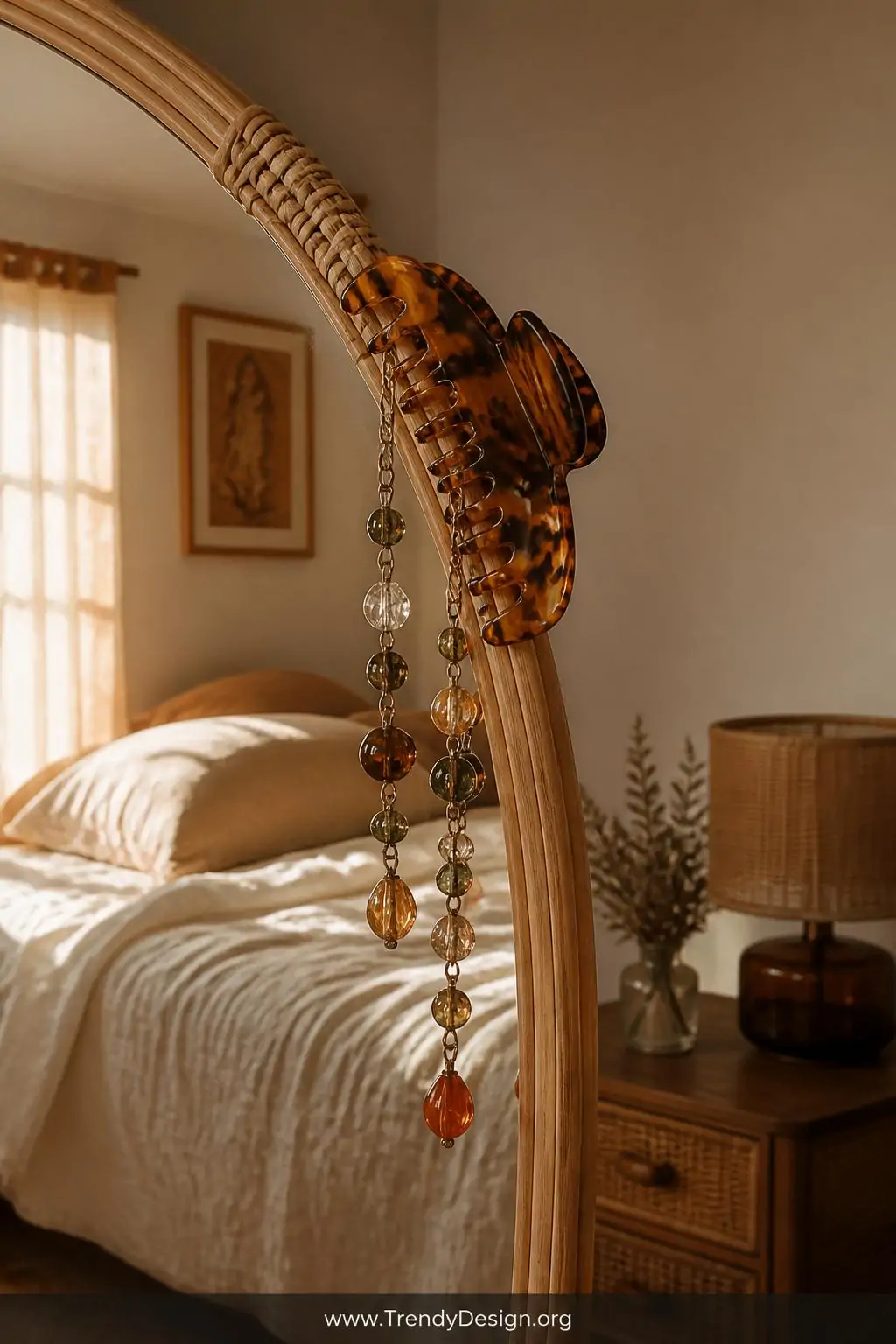 Oversized tortoise shell claw clip with dangling earthy glass bead chains draped over the edge of a rattan vanity mirror frame, warm amber afternoon light, bohemian bedroom with linen textures, medium shot.