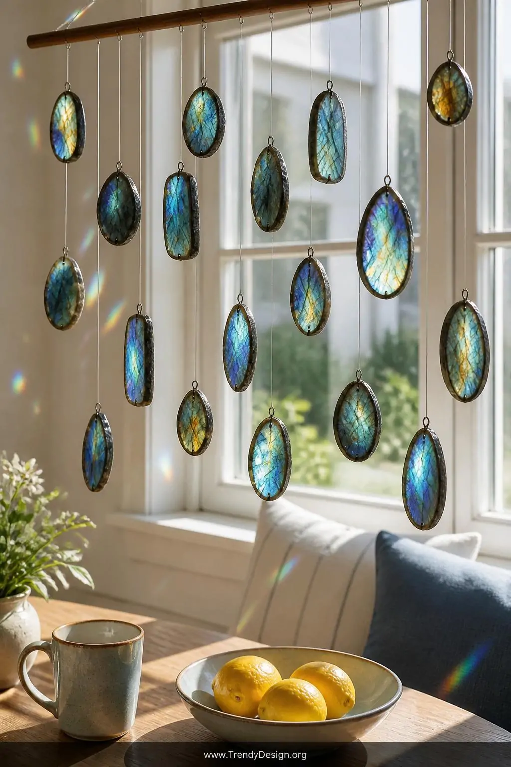 Multiple labradorite pendants strung at varying heights on fishing line from a wooden dowel in a sun-drenched south-facing window, flashing iridescent blues greens and golds across a bright breakfast nook, closeup shot capturing labradorescence light play against morning light.
