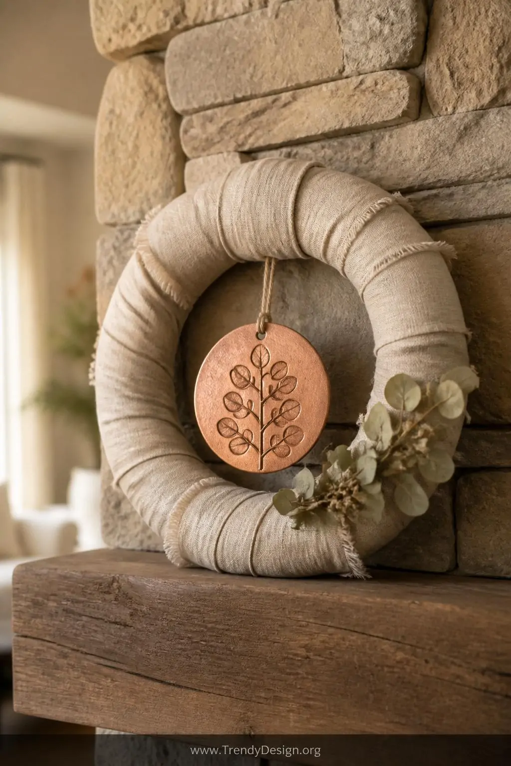 Copper metallic salt dough ornament with an intricate pressed eucalyptus leaf impression displayed on a raw linen wreath against a warm-toned stone fireplace mantel, natural afternoon light filtering in, medium shot