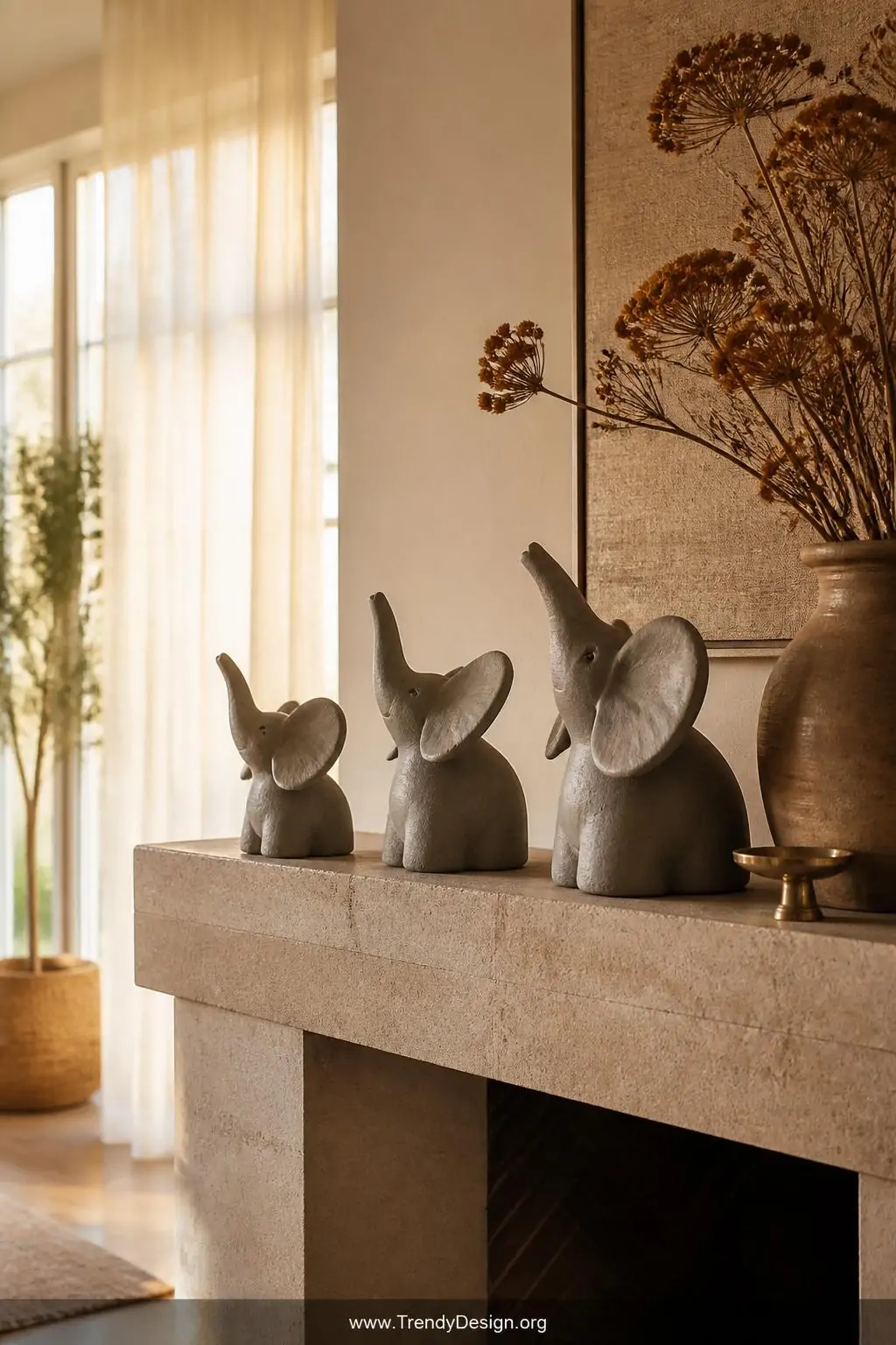 Trio of grey air-dry clay elephant figurines with oversized floppy ears and raised trunks arranged on a stone mantelpiece beside dried botanicals, warm golden hour light filtering through sheer curtains, wide shot