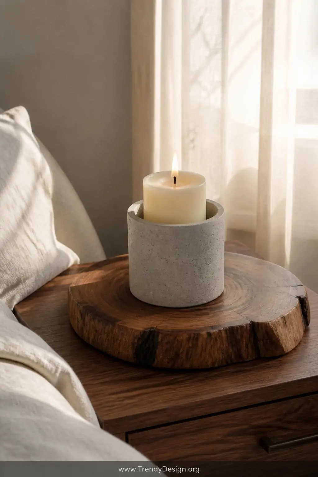A closeup shot of a raw gray concrete cylinder candle holder resting on a live-edge walnut wood slice, the cool smooth concre