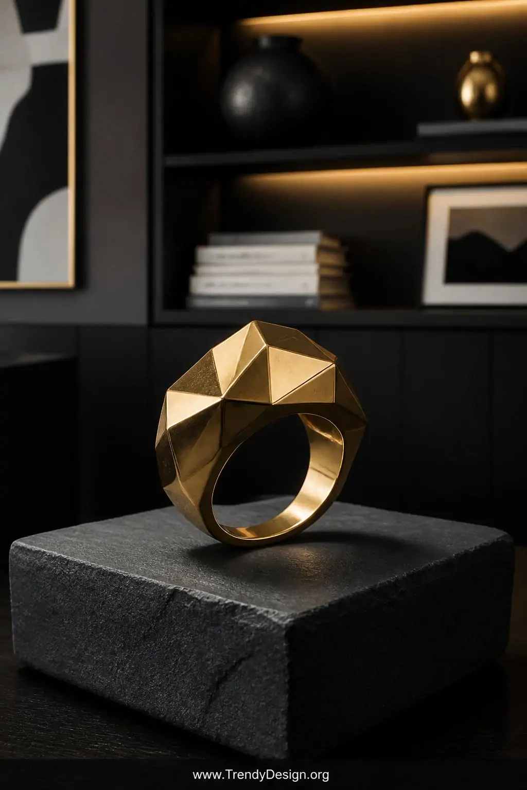 Geometric faceted polymer clay ring in metallic gold with sharp angular prisms displayed on a dark slate jewelry stand, modern living room shelf, contemporary gallery style, closeup shot with directional spotlight highlighting every clean-cut edge and surface
