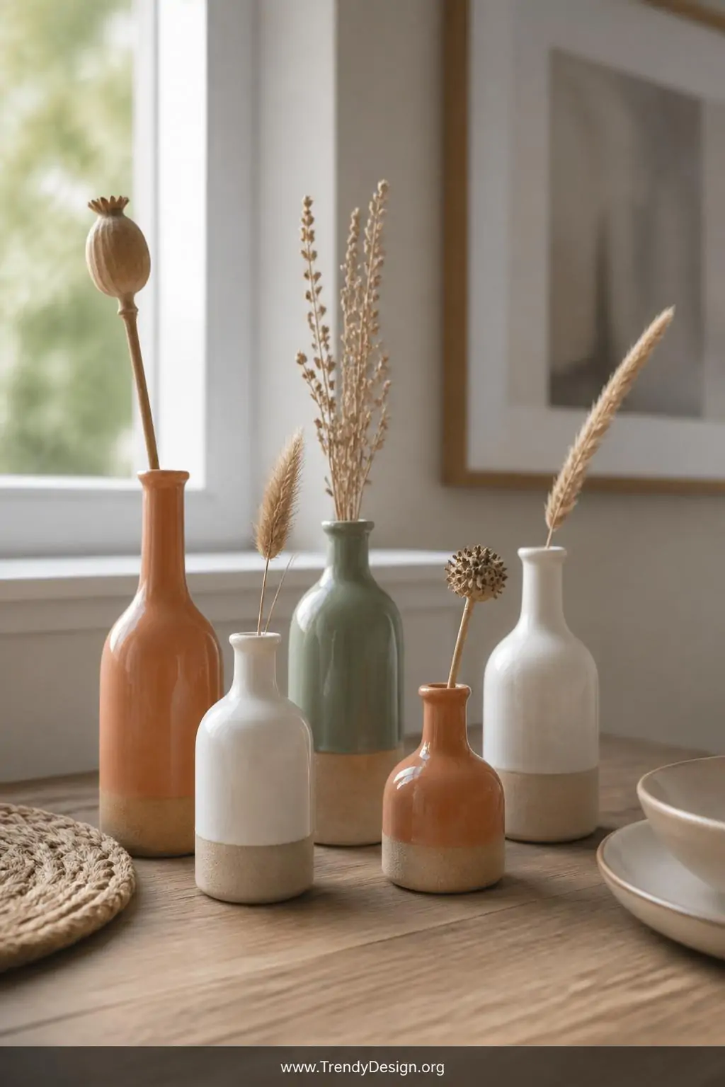 Cluster of five mini clay bud vases in varying heights finished in terracotta, creamy white, and dusty sage green holding individual dried stems on a sunlit dining table windowsill, soft diffused natural light, each vase showing contrasting matte and glazed surfaces, closeup shot of curated monochromatic arrangement, photorealistic interior design, no people