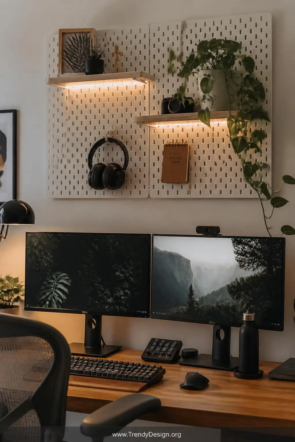 White SKÅDIS pegboard mounted directly above dual monitors holding wooden shelves, looped headphones, a trailing pothos plant, and a small cork notepad, home office, modern eclectic, warm white LED strips tucked beneath shelves, medium shot.