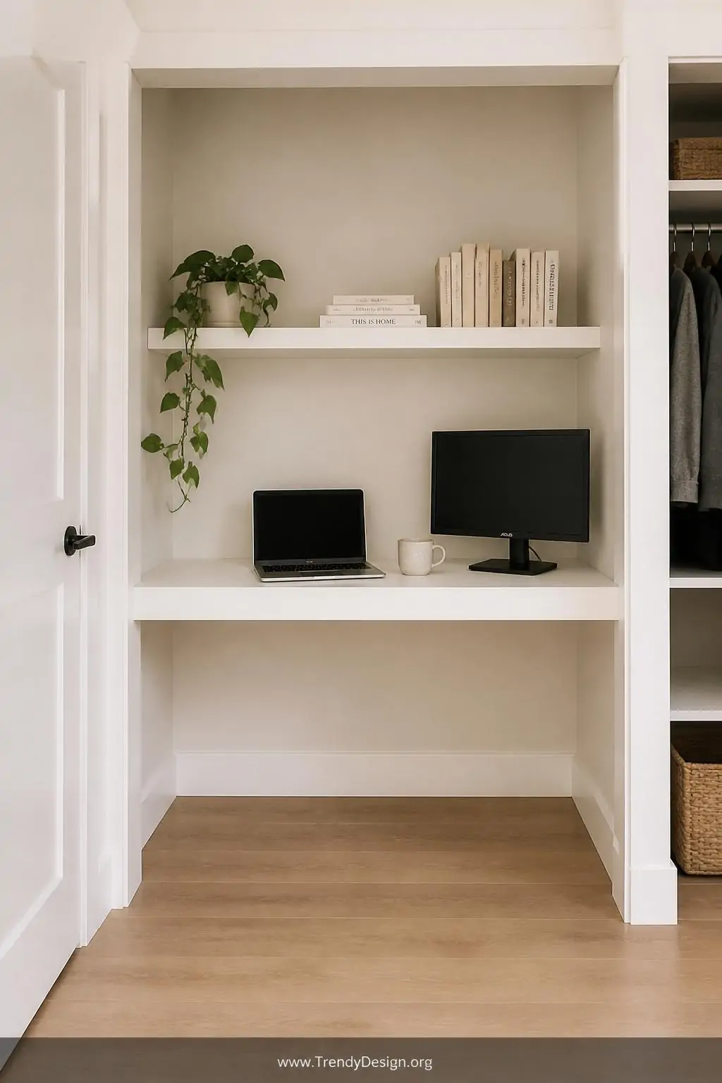 Deep white floating shelf desk inside a minimalist closet conversion, sleek laminate surface holding a silver laptop, ceramic coffee mug, and compact monitor, a second floating shelf above stacked with neutral linen books and a trailing pothos plant, clean drywall walls with warm natural light, zero desk legs creating open airy floor space, wide shot showing both shelves in context, photorealistic interior design.