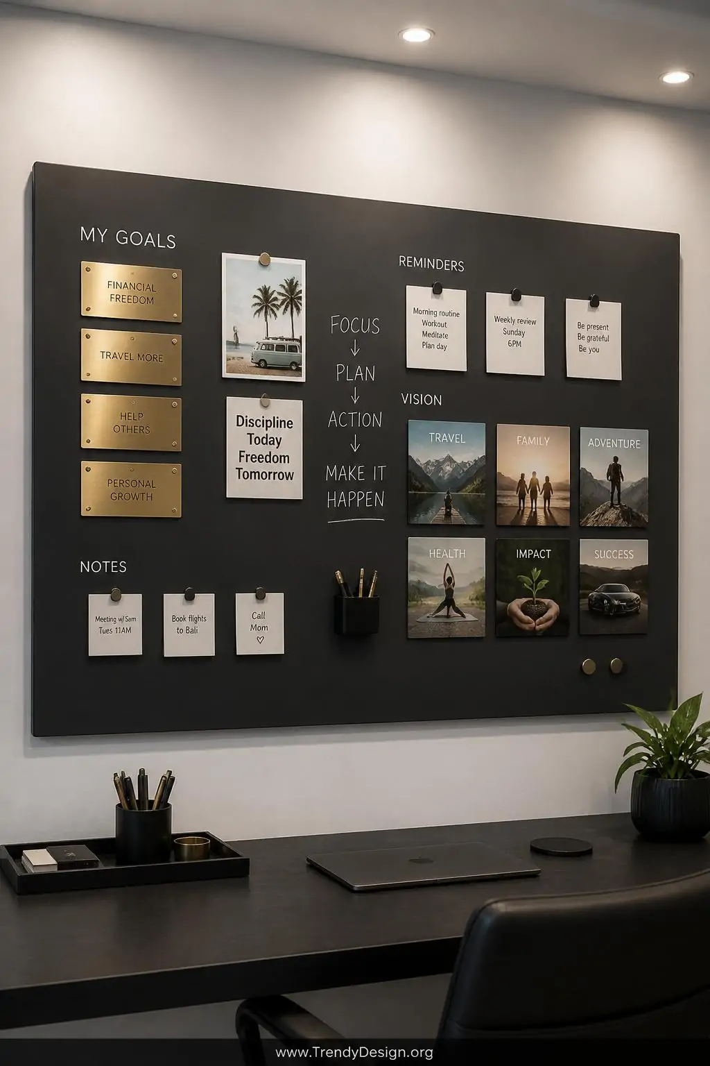 Sleek matte charcoal magnetic board wall-mounted above a modern desk, holding metallic-backed goal cards, printed vision tiles, and small magnetic clips with folded notes, soft recessed ceiling lighting casting a clean even glow across the polished surface, medium shot showing full board composition, photorealistic interior design.