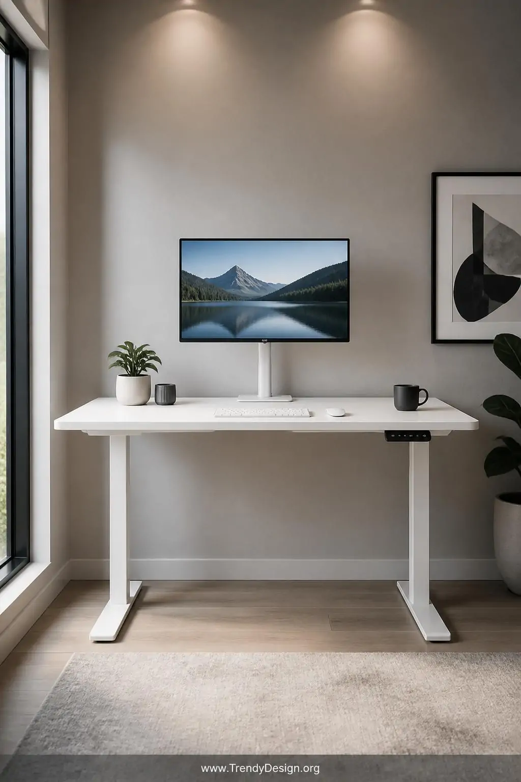 Matte white height-adjustable standing desk with all cables invisibly routed through an under-desk tray and grommet holes, a monitor at eye level with zero visible cords, cool neutral light from overhead, wide shot showing the full clean desk profile, photorealistic interior design.