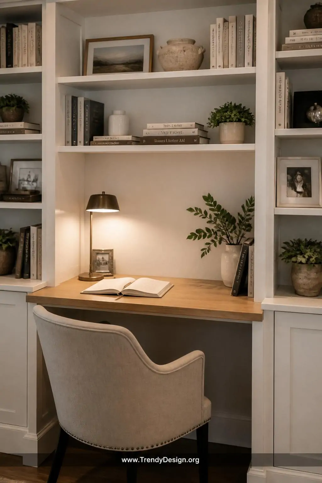 Closeup of a carved-out desk surface fitted inside a floor-to-ceiling white BILLY bookcase, warm oak desktop holding a minimal lamp and open notebook, surrounding shelves styled with layered hardback books, ceramic vases, and small leafy plants, soft ambient lighting, built-in living room office nook, transitional style, photorealistic interior design.