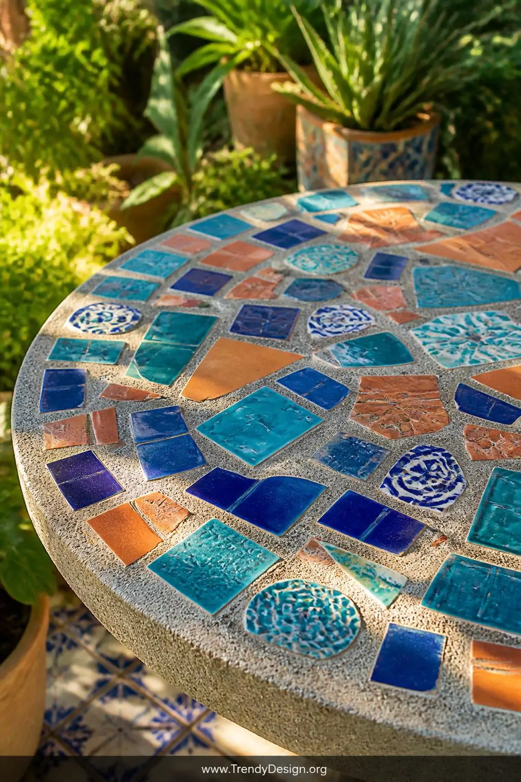 Colorful mosaic-topped concrete garden table with broken turquoise, cobalt, and terracotta ceramic tile pieces pressed into the surface, lush green garden surroundings, dappled afternoon sunlight, closeup shot capturing intricate tile pattern detail, photorealistic.