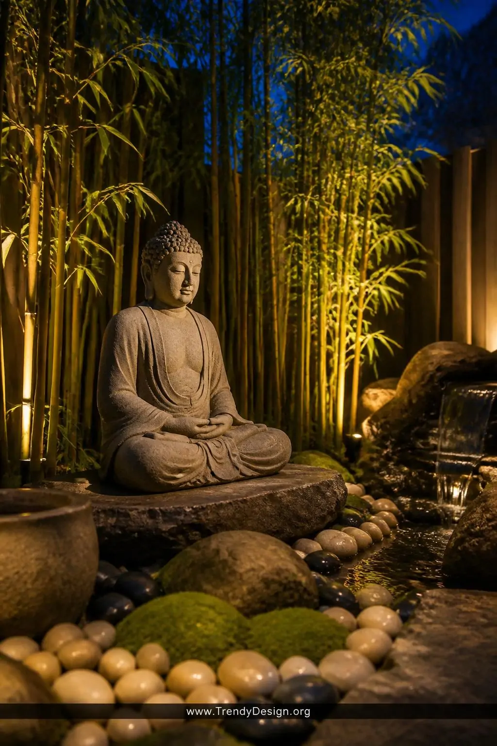 A serene seated Buddha concrete statue rests on a flat natural stone base in a secluded meditation corner, surrounded by upri