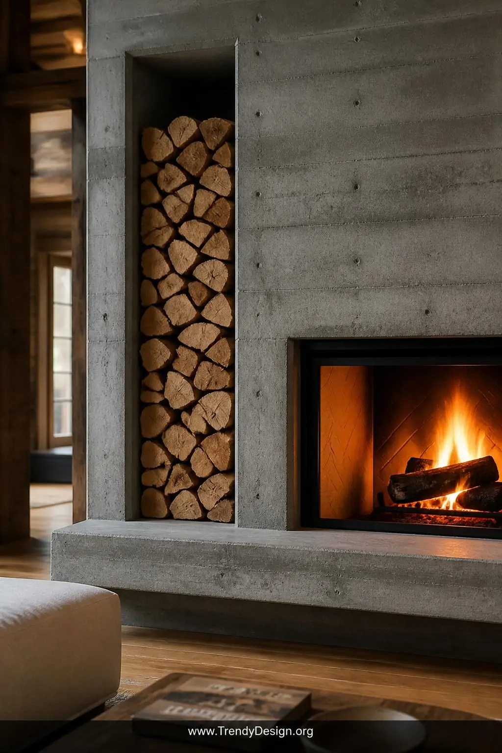 Concrete fireplace with carved built-in wood storage niche beside the firebox in a rustic modern living room, stacked split firewood filling the smooth concrete alcove, warm amber firelight spilling across the raw material contrast, medium shot.