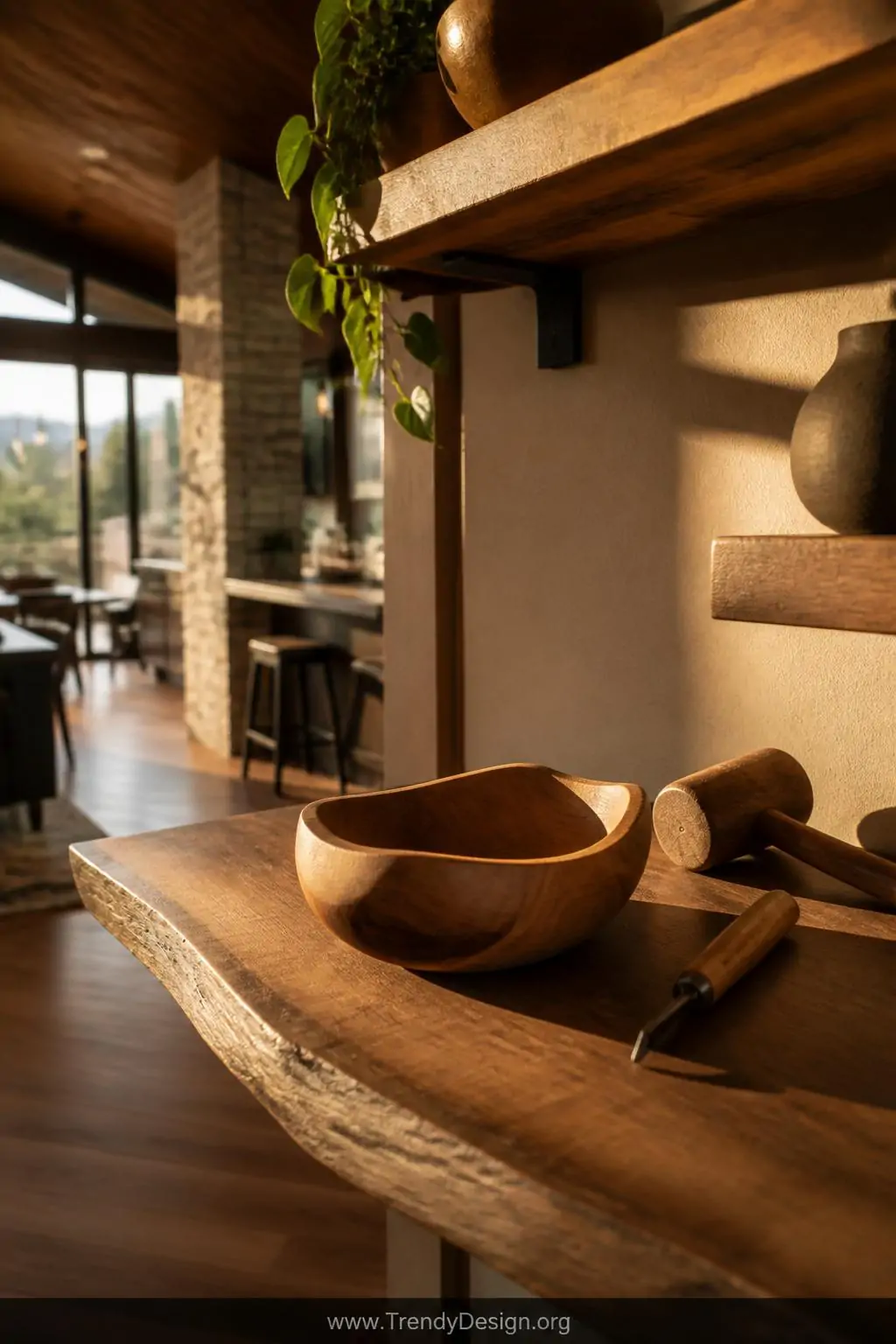 Small handmade wooden bowl with organic curved exterior and scooped interior sitting on a live-edge walnut shelf beside a mallet and bowl gouge, golden hour side light casting warm shadows, wide shot of open-concept kitchen shelf display