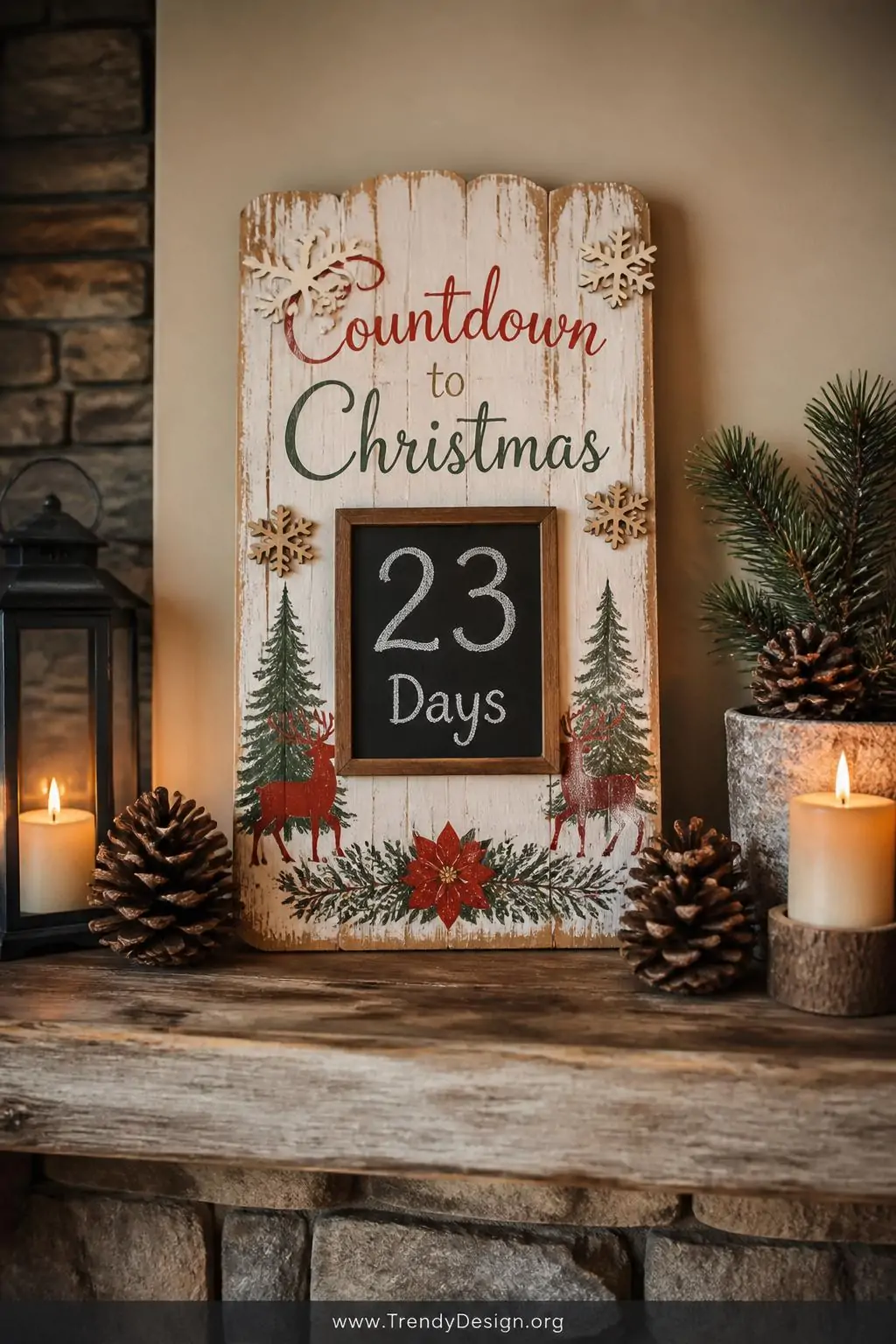 Festive pine plank holiday countdown sign with painted red and green seasonal imagery and a chalkboard section reading 