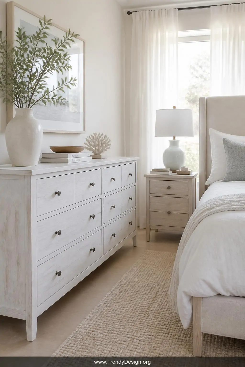 Whitewashed wooden dresser beside a linen-toned bed frame in a serene coastal bedroom, Scandinavian style, soft white sun-bleached finish revealing subtle wood grain texture underneath, airy natural light streaming through sheer curtains, medium shot showing the dresser and nightstand together in their calming, pale, breezy transformation.