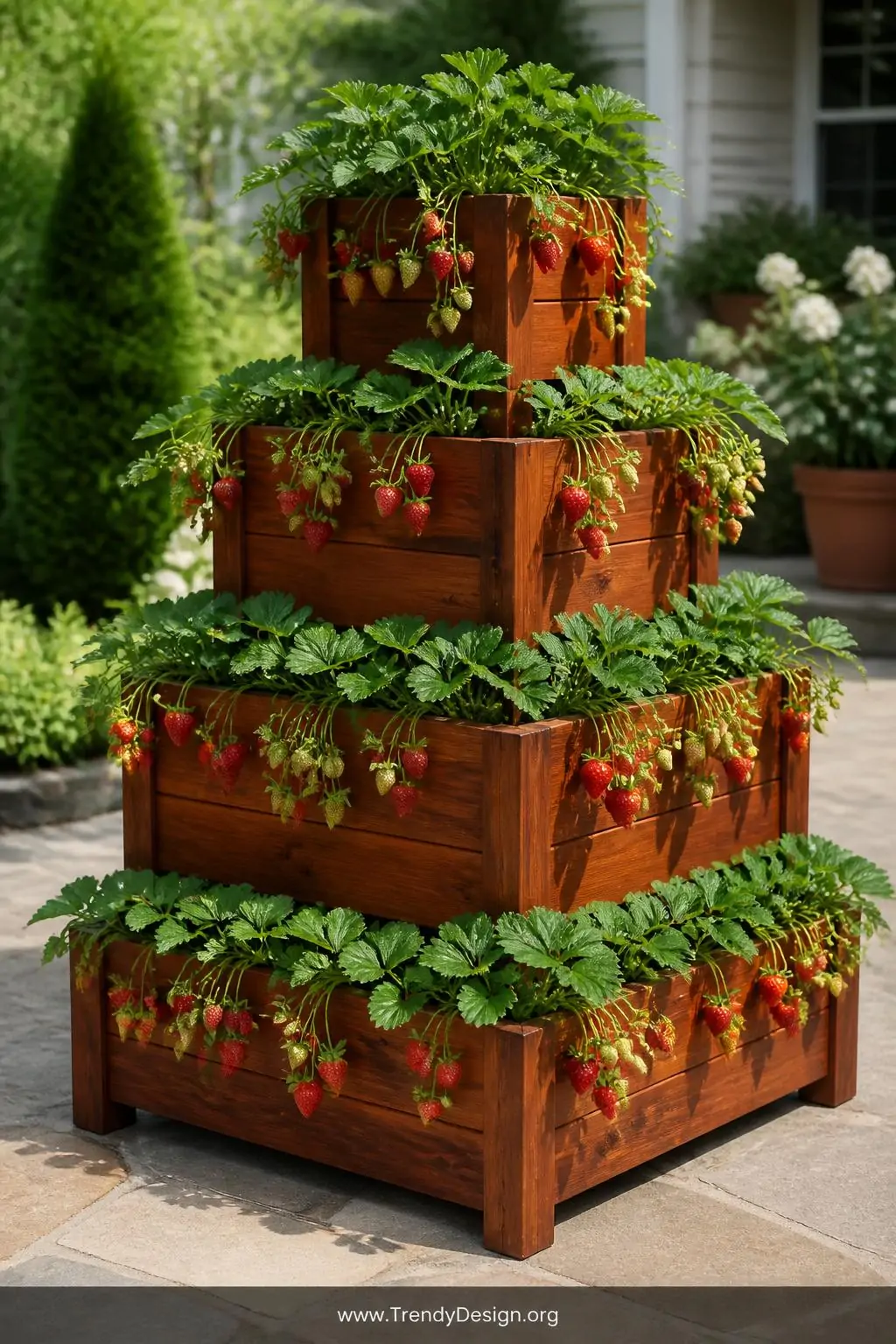 Tiered strawberry planter tower built from three stacked cedar square boxes in descending pyramid proportions outdoors on a stone patio, rich warm cedar stain with cascading red strawberries and green trailing foliage tumbling down each level, wide shot showing the full dramatic pyramid structure against a blurred garden background, bright midday natural light, photorealistic interior design.