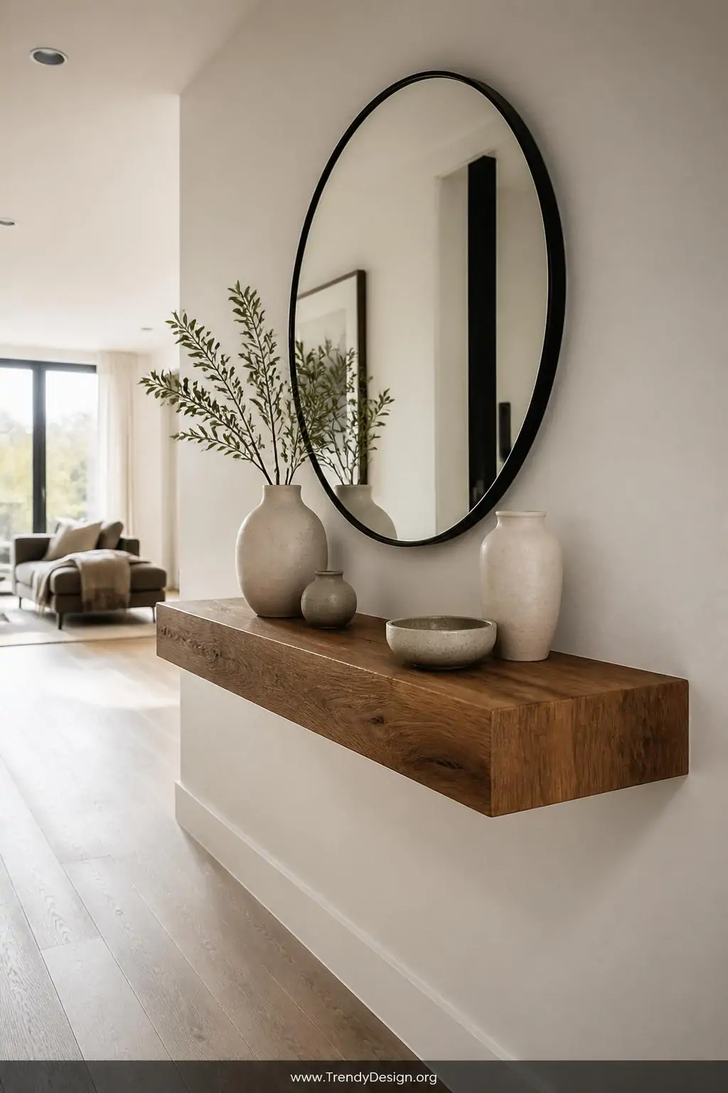 Floating single walnut slab entryway console table mounted flush to a white wall with ceramic vases and a round mirror above, modern hallway, medium shot, natural window light raking across the eye-level grain pattern and smooth oiled wood surface, photorealistic interior design, no people