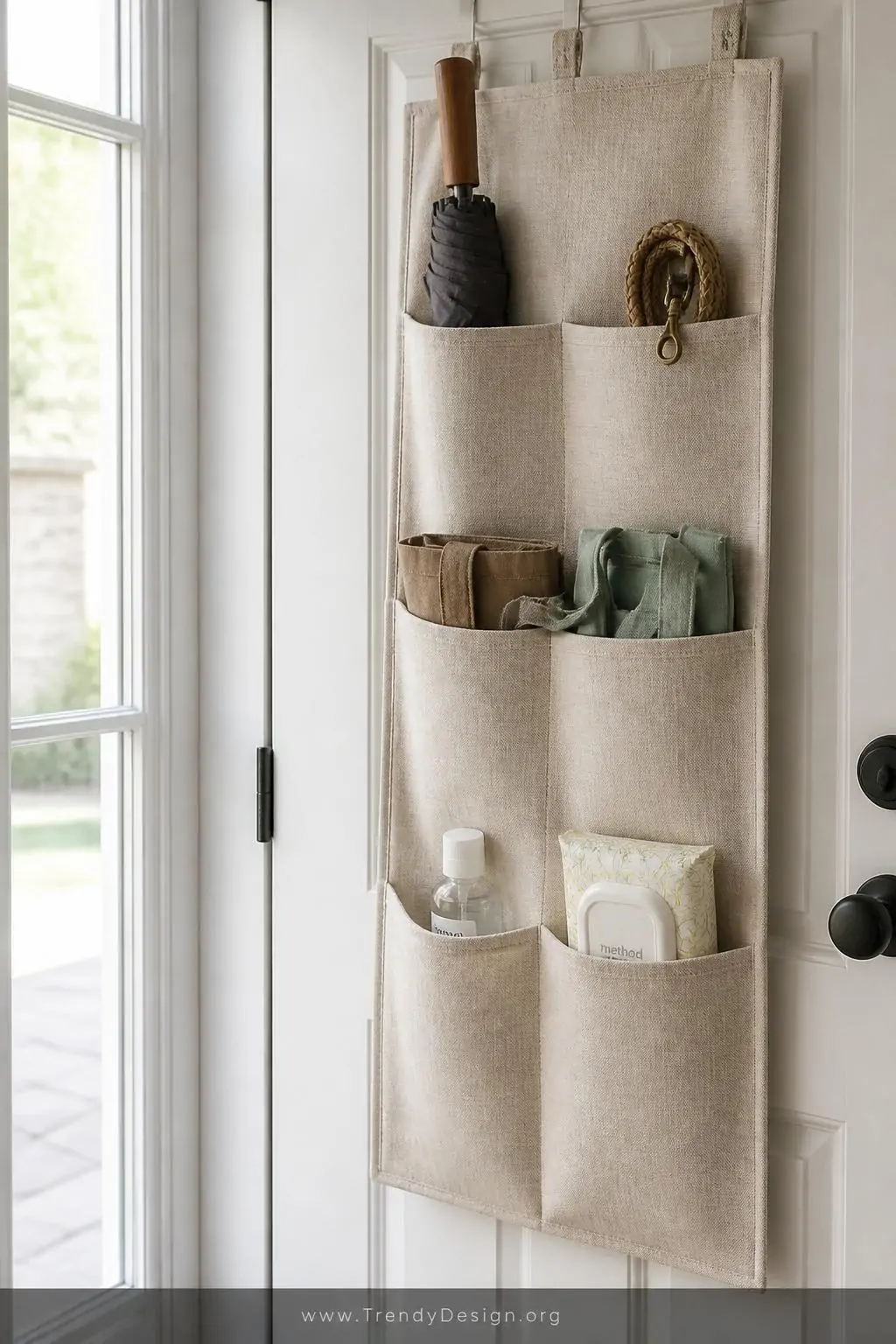 Back of a white front door fitted with a deep-pocket over-the-door fabric organizer in natural linen, individual pockets holding a rolled umbrella, bundled dog leash, folded reusable grocery bags, a small hand sanitizer bottle, and a pack of cleaning wipes, soft daylight filtering through a nearby sidelite window, closeup shot, photorealistic interior design.