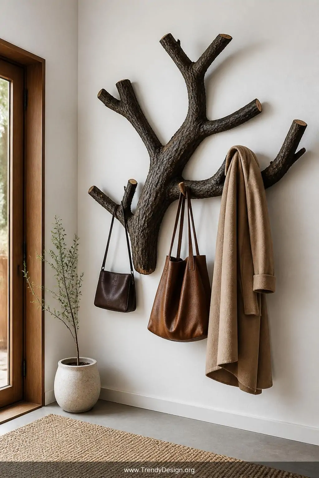 Thick sculptural tree branch mounted flush against a matte white minimalist entryway wall, natural dark bark sealed to a smooth finish, leather bags and a camel wool coat draped from the organic forking branches, a small ceramic pot and woven jute rug positioned below, soft diffused daylight, medium wide shot.