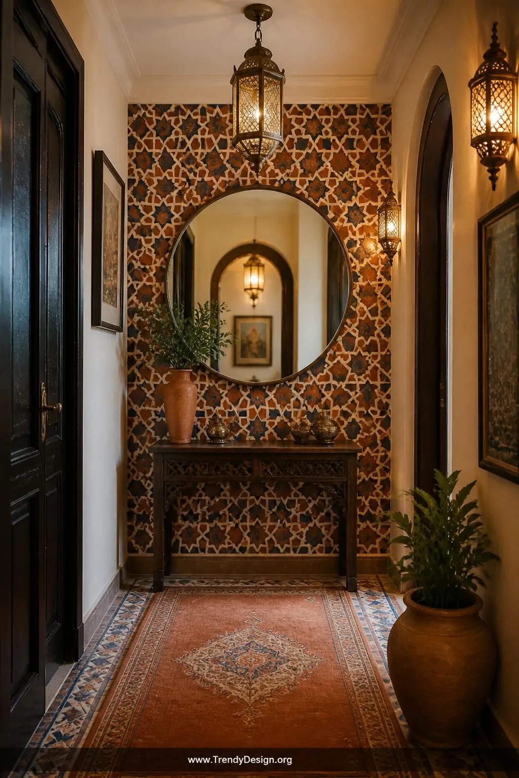 Moroccan geometric tile-effect wallpaper in rich terracotta and cobalt blue interlocking star patterns in a compact hallway, riad-inspired maximalist style — a large round brass-framed mirror centered on the feature wall amplifies the repeating lattice design, a terracotta-toned solid runner rug grounds the tiled floor beneath, warm ambient side lighting catching the pattern depth, wide shot down the corridor.