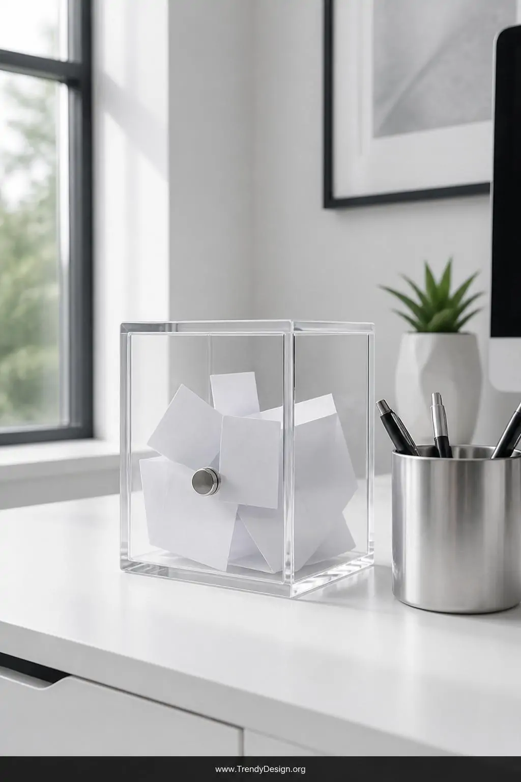 Clear acrylic magnetic note box with crisp transparent panels and visible folded white paper notes inside sitting on a white minimalist home office desk beside a sleek silver pen cup, cool daylight flooding through a nearby window, medium shot emphasizing the clean modern lines and magnetic closure.