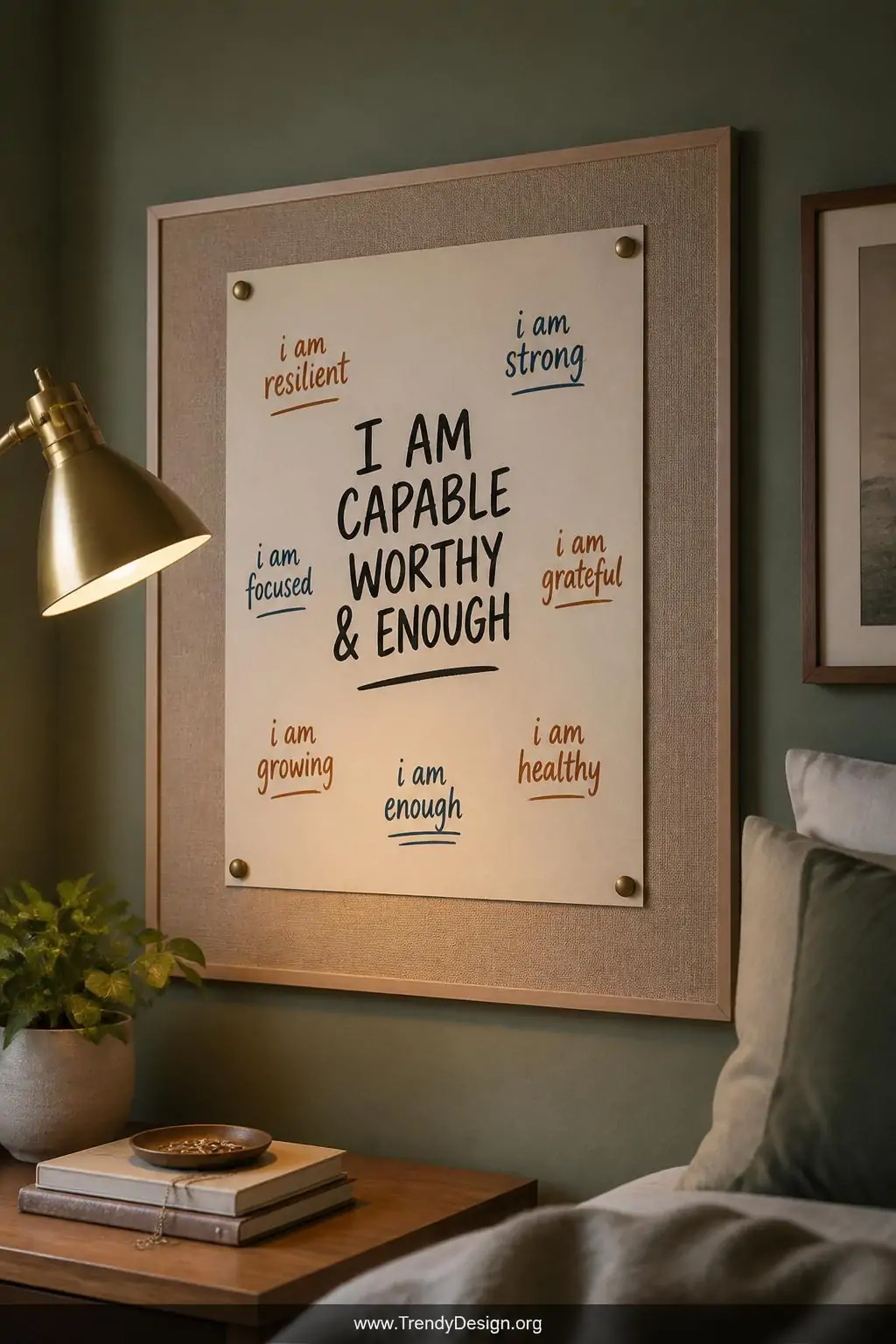 Cream cardstock pinned to a linen bulletin board on a sage green bedroom wall, featuring bold hand-lettered black ink block letters spelling a personal mantra surrounded by smaller brush-lettered affirmations in terracotta and navy, a single lit brass desk lamp casting warm focused light across the handwritten words, medium shot.