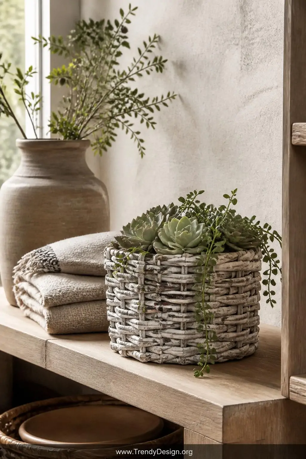 Woven magazine paper tube basket holding small succulents and trailing greenery, sitting on a light oak shelf beside linen textures, artisan farmhouse style, soft diffused daylight from a side window illuminating the intricate over-under weave pattern, medium shot.