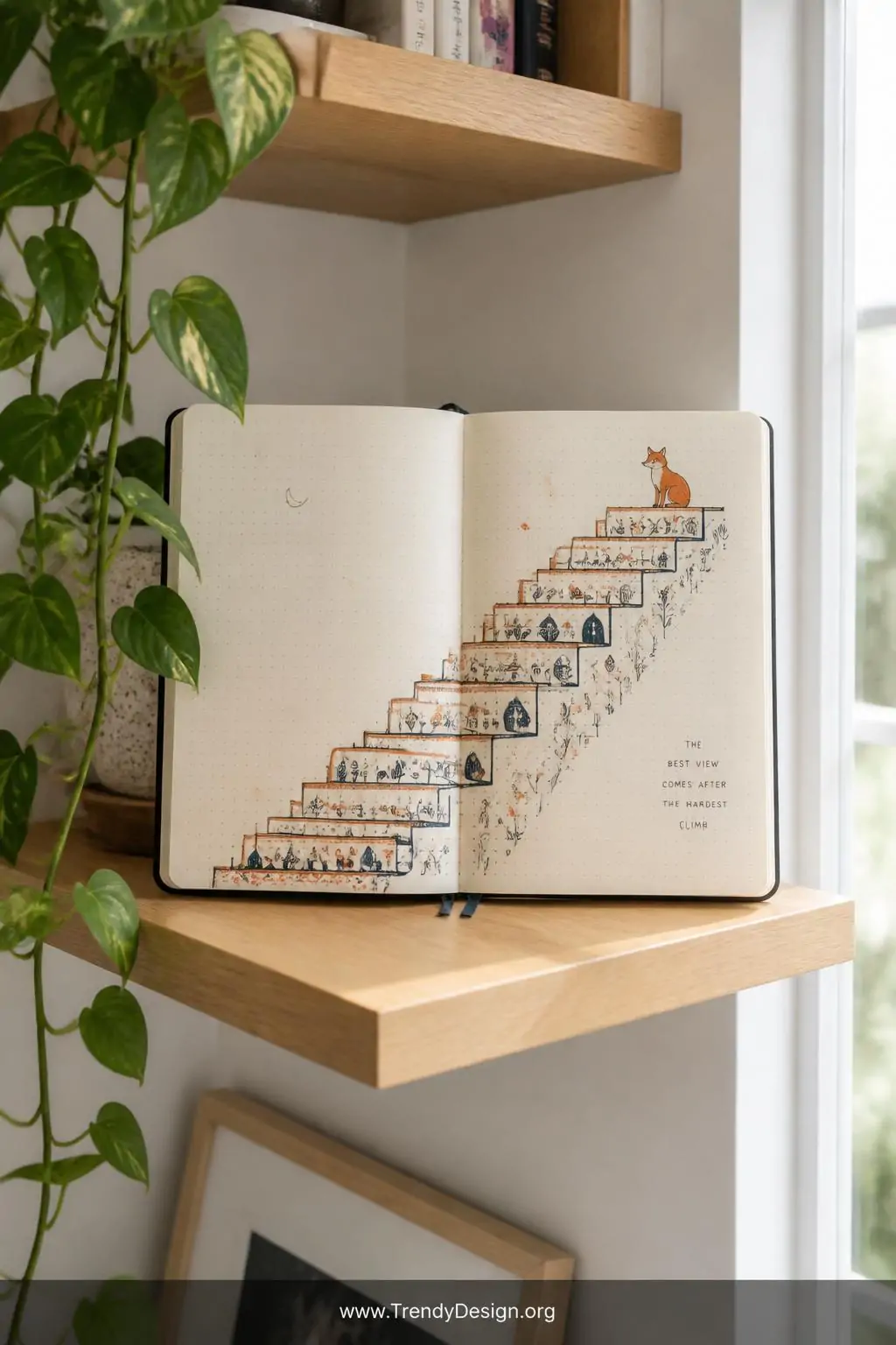 Bullet journal open to a full illustrated staircase spread climbing diagonally across two cream pages, each hand-drawn step decorated with tiny inked symbols in navy and terracotta, a small painted fox figure perched near the top step, journal resting on a light oak floating shelf beside a trailing pothos plant, bright even daylight from a nearby window, wide shot capturing the full spread and surrounding minimalist shelf styling.