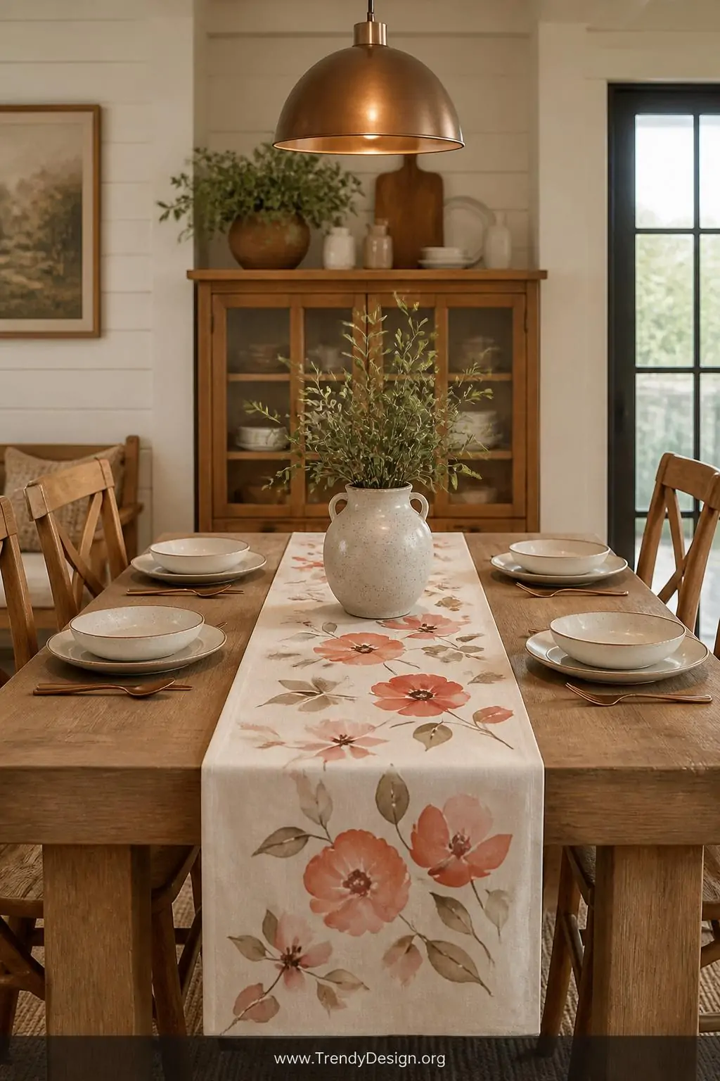 Hand-painted cotton table runner with loose watercolor-style floral brushstrokes in blush pink and terracotta centered on a rustic oak dining table set with ceramic plates, warm pendant light overhead, medium shot of farmhouse dining room.