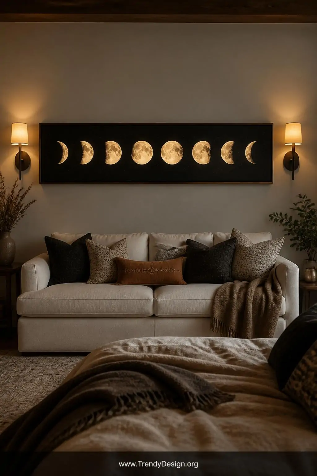 Long narrow framed moon phase sequence on deep black cardstock above a linen upholstered sofa, eight luminous moons painted in warm white and soft yellow gouache progressing across the horizontal panel, tiny scattered stars glowing against the dark background, dim warm sconce lighting, wide shot of the bohemian bedroom vignette.