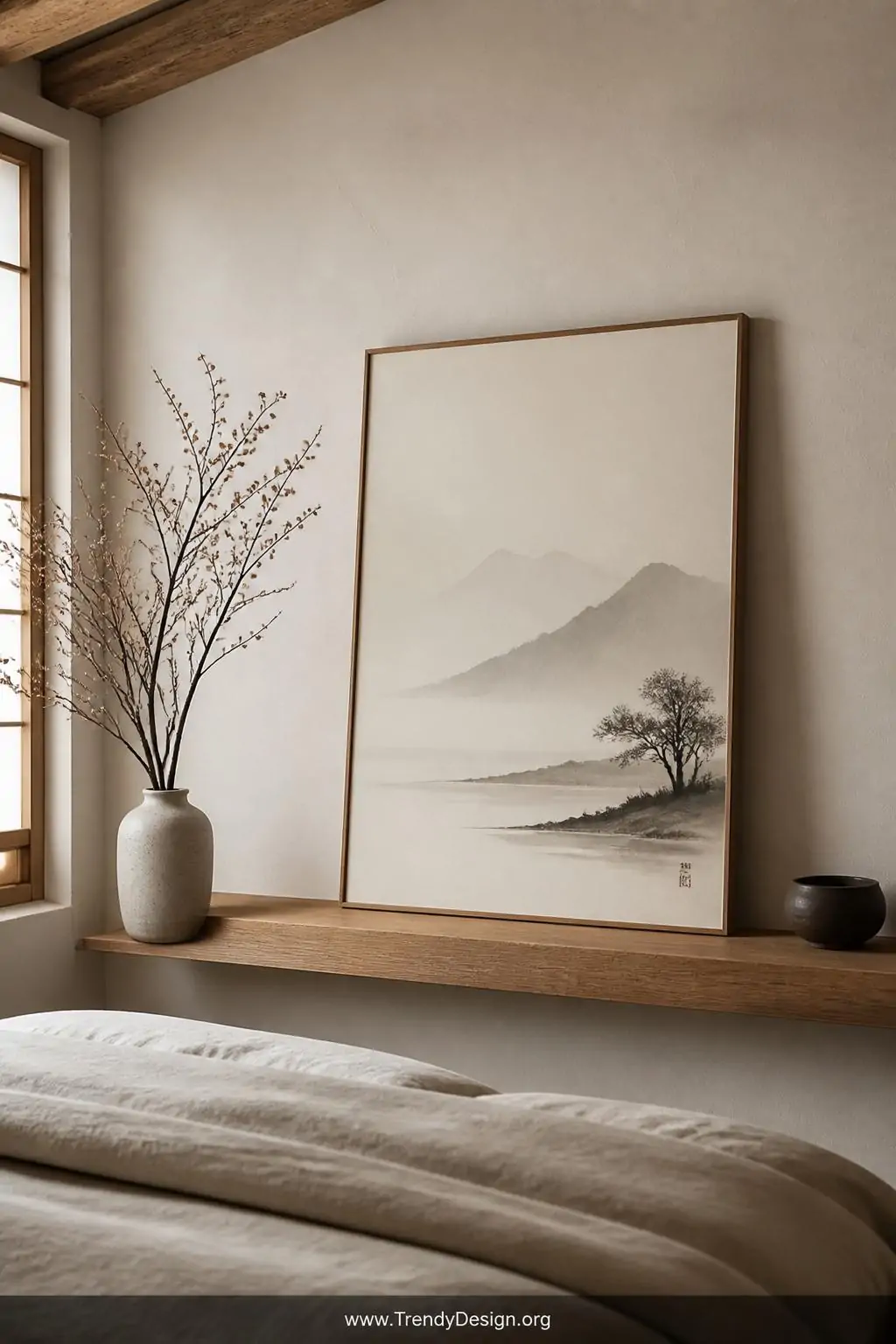 Framed minimalist ink wash painting in soft sepia tones leaning against a white plaster wall on a natural oak floating shelf in a serene Japandi bedroom, medium shot, soft diffused morning light emphasizing generous white negative space, photorealistic interior design, no people.