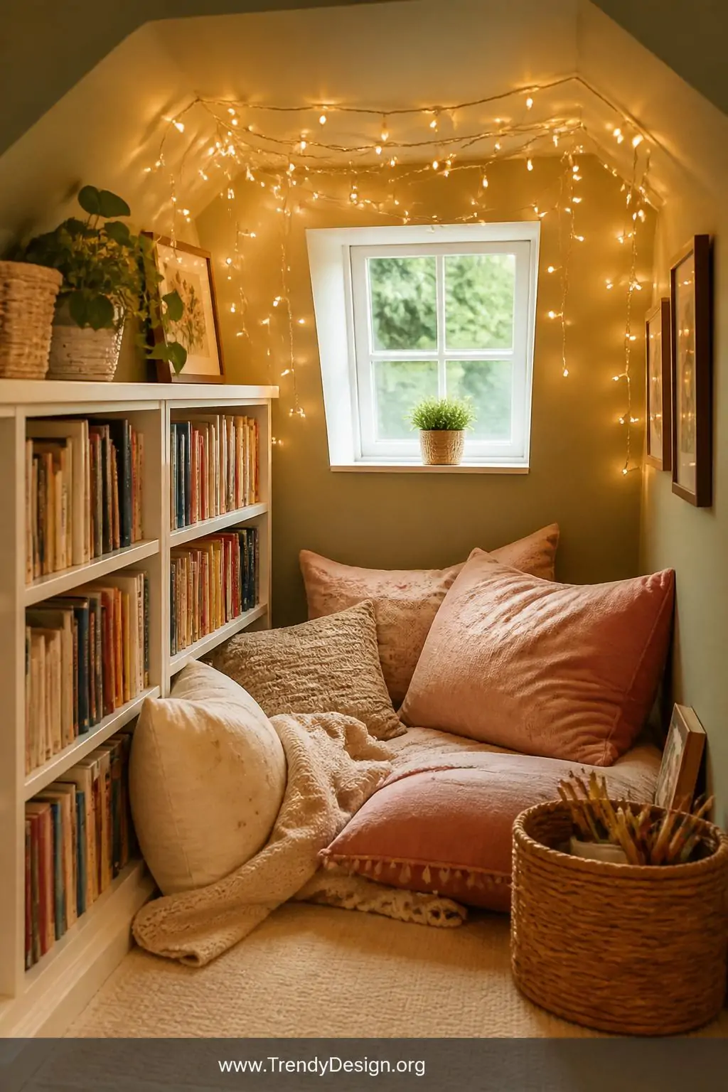 Closeup photorealistic interior design shot of a magical reading nook tucked beneath a dormer window, a low white bookshelf p