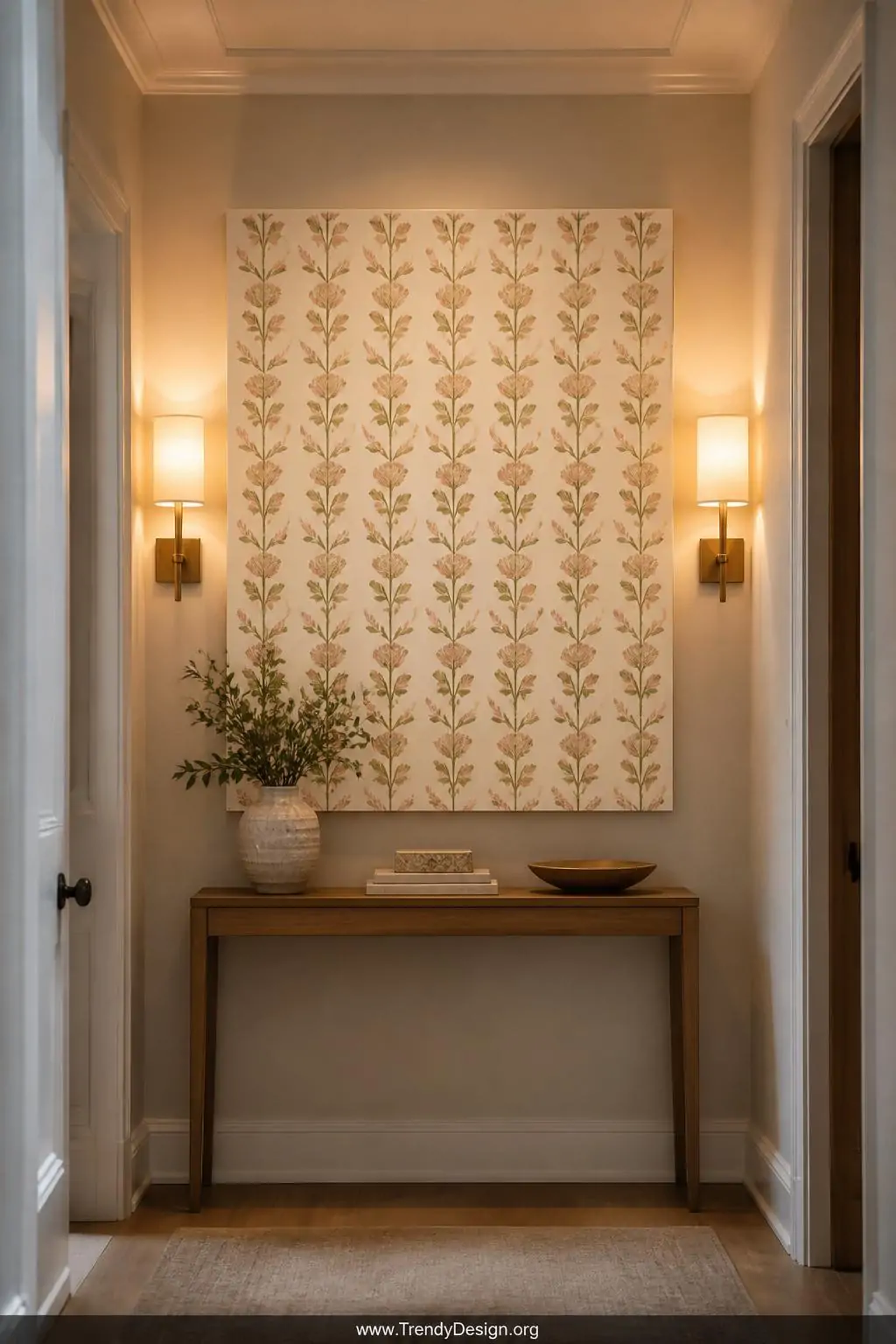Acrylic floral repeat pattern canvas hung in a narrow hallway above a slim wooden console table, rhythmic rows of small stylized blush roses and sage tulips on a cream background mimicking elegant wallpaper, warm sconce lighting casting even golden illumination, wide shot.