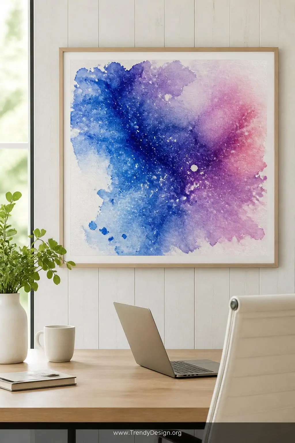 Framed watercolor galaxy canvas on a whitewashed gallery wall in a bright home office, wet-on-wet cobalt blue and violet pigment blooms bleeding into warm pink edges on stretched cotton paper, natural window light, closeup shot.