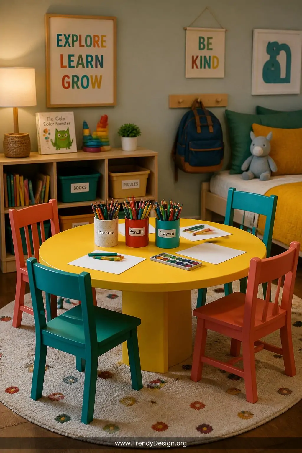 Sunshine yellow child-sized round table with coral and teal wooden chairs set for creative play with art supplies in labeled containers, medium shot of a Montessori bedroom activity corner, warm overhead light, smooth rounded edges and cheerful primary color palette