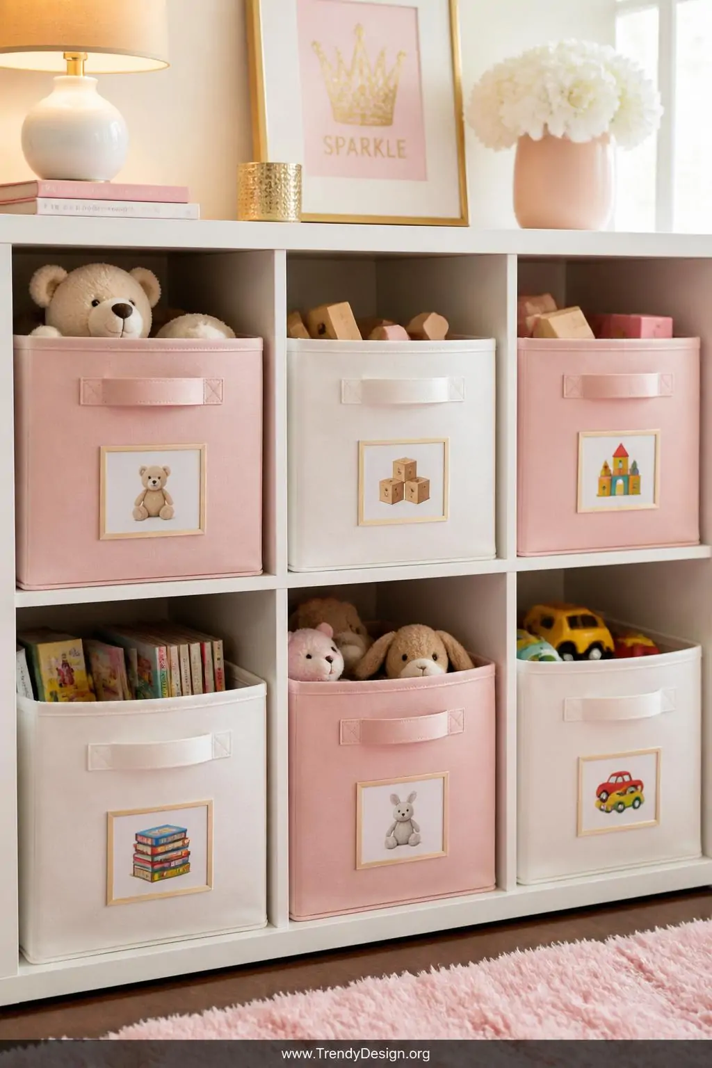 Blush, white, and soft gold open fabric storage bins inside a low white cube organizer shelf in a toddler girl's room, closeup showing picture labels on each bin and neatly sorted toys peeking over the rims, warm ambient room light, organized and cheerful children's room storage style, photorealistic interior design.