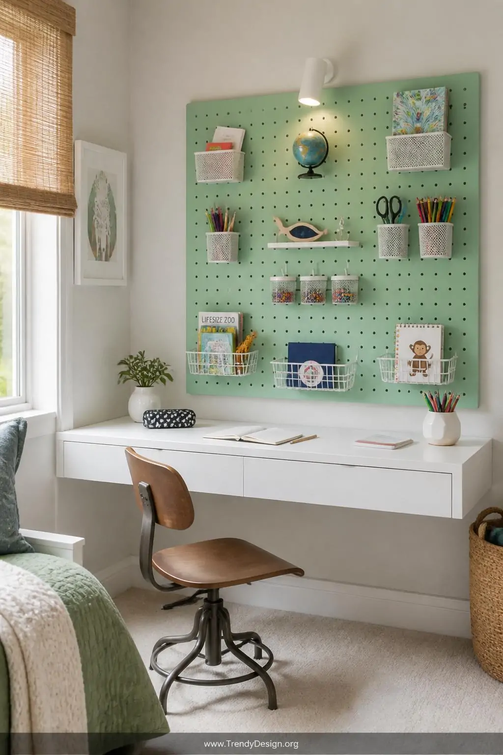 Colorful mint green pegboard mounted above a white floating wall desk with metal hooks holding pencil cups and small wire bins, kids bedroom study nook, modern eclectic style, bright natural daylight with a small mounted LED lamp, medium shot showing pegboard organization system in full detail, photorealistic interior design.