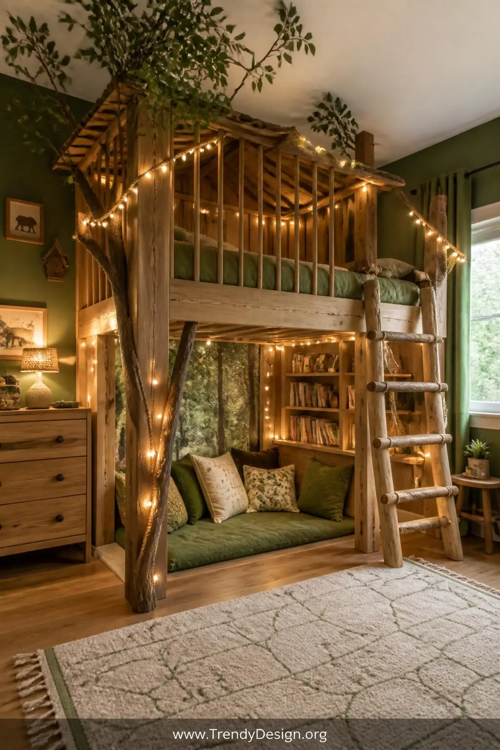Treehouse-inspired wooden loft bed with ladder rungs, slatted railings, and soft rope lights wound along the frame, a cozy reading nook underneath filled with floor cushions and warm fairy light glow, wide shot showing the full structure within a nature-themed kids bedroom with green accents, photorealistic interior design.