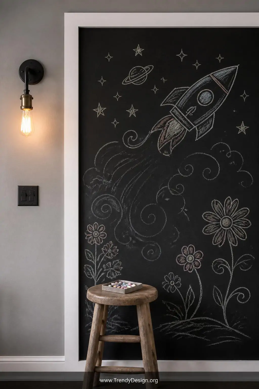 Closeup of a matte black chalkboard paint accent wall framed in a crisp white painted wood border, covered in swirling chalk drawings of rockets and flowers, warm Edison bulb wall sconce glowing softly to the left, wooden stool with a small chalk tray resting below, photorealistic interior design.