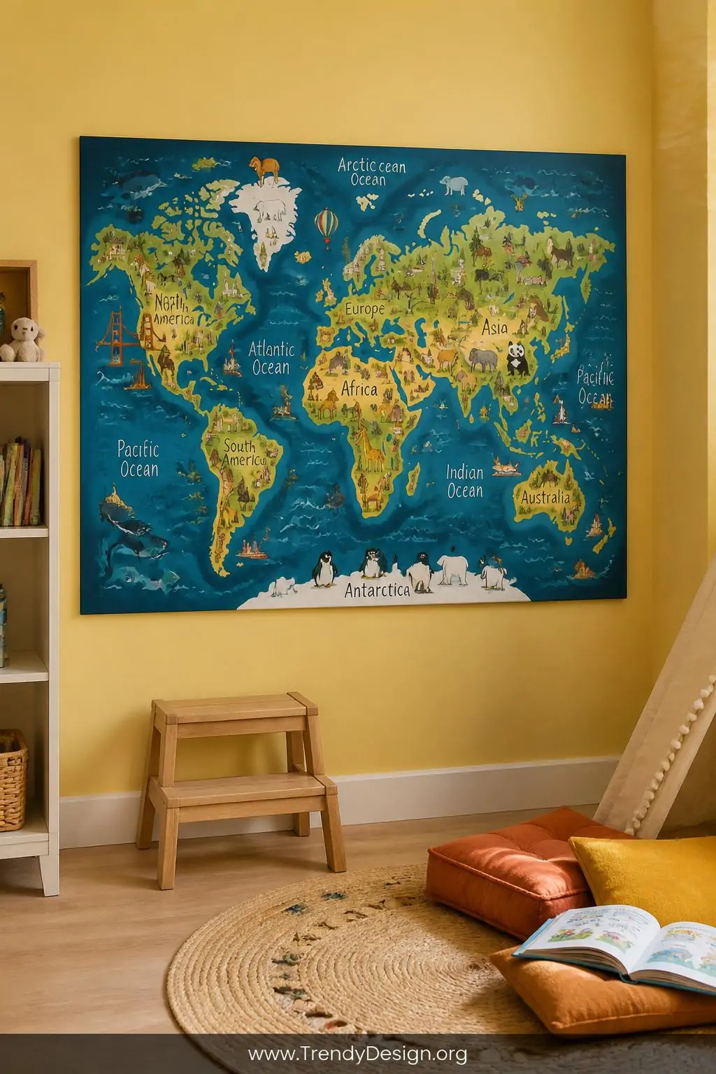 Medium photorealistic interior shot of a bright kids' room wall displaying a large illustrated world map poster with whimsica