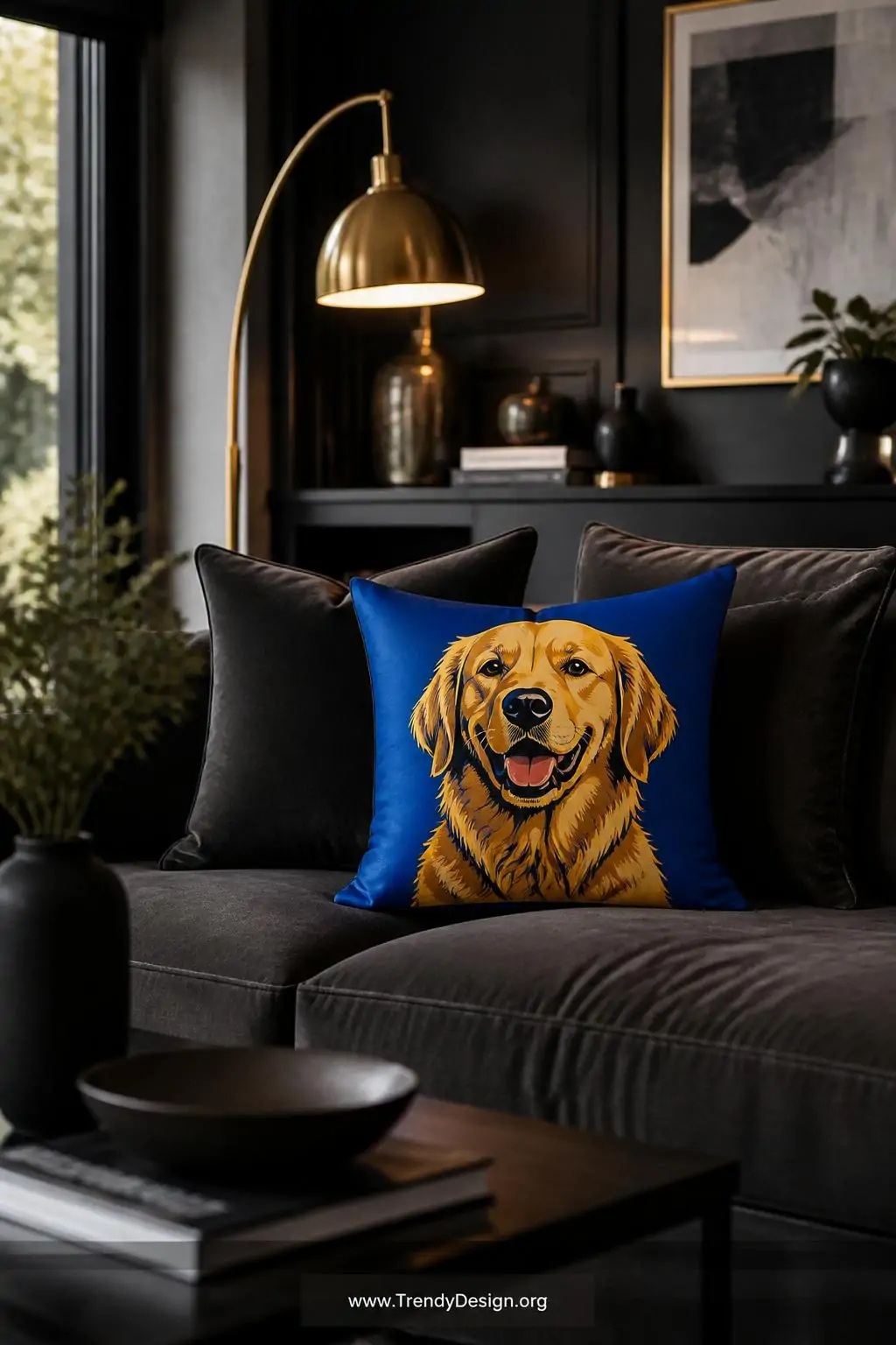 Personalized pet portrait pillow featuring a bold pop-art illustrated golden retriever with vivid cobalt blue background propped against charcoal velvet cushions on a dark espresso sectional sofa, dramatic moody accent lighting from a brushed gold floor lamp, wide shot of a stylish modern living room.