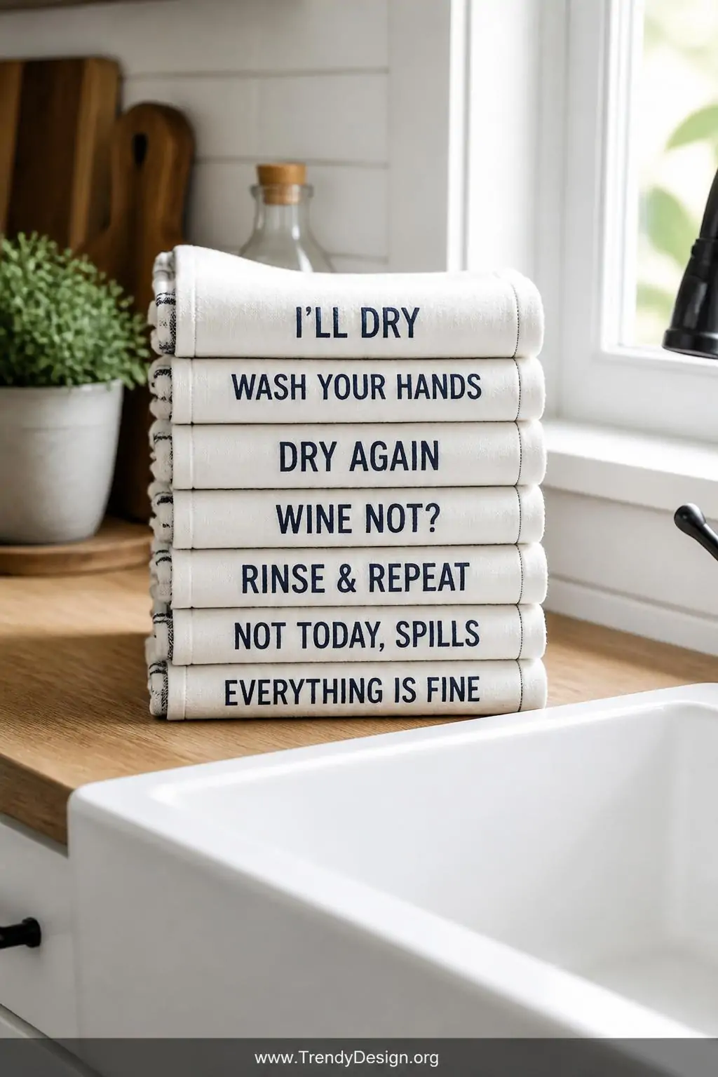 Folded linen kitchen towels with dark navy vinyl lettering reading humorous sayings stacked beside a white farmhouse sink, bright natural window light, medium shot capturing the cotton texture and bold readable typography against pale fabric.