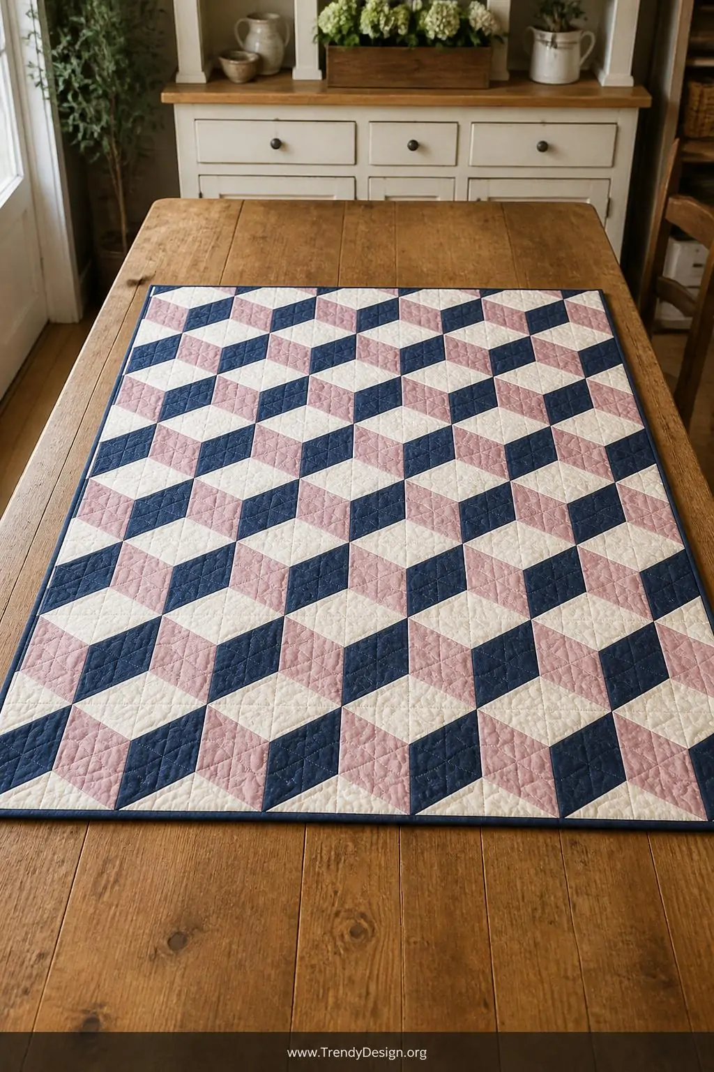 Tumbling blocks baby quilt spread flat on a vintage pine farmhouse table, overhead natural daylight, wide shot revealing the stunning three-dimensional cube optical illusion created by strategic placement of light ivory, dusty rose medium, and deep navy dark diamond-shaped fabric pieces arranged across the heirloom-quality surface.