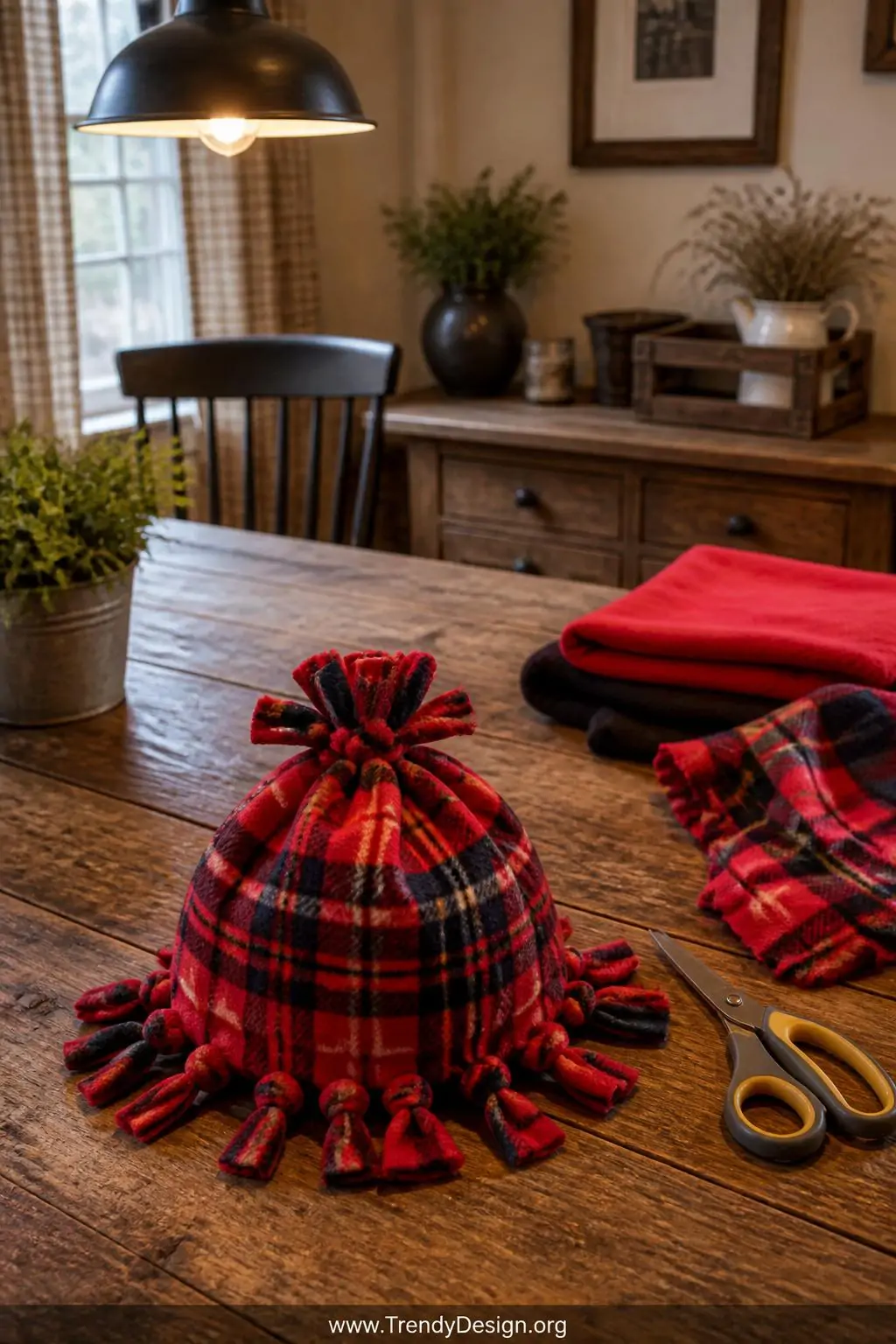 Colorful no-sew fleece beanie in bold red plaid with knotted fringe ties spread flat on a reclaimed wood farmhouse table beside scissors and folded fleece scraps, warm overhead pendant light, wide shot capturing the casual crafting scene.