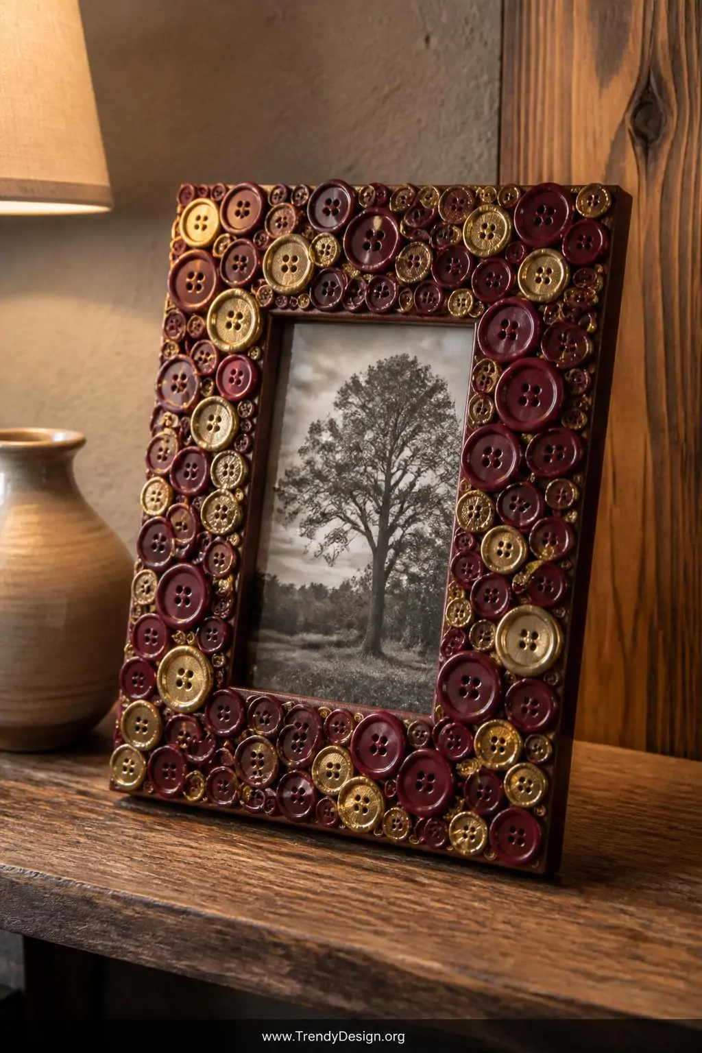 Wide-bordered wooden picture frame densely layered with overlapping buttons in deep burgundy and antique gold tones sealed with clear coat, displayed on a rustic oak shelf beside a small ceramic vase, warm tungsten lamp glow, closeup capturing the dimensional stacked button texture.