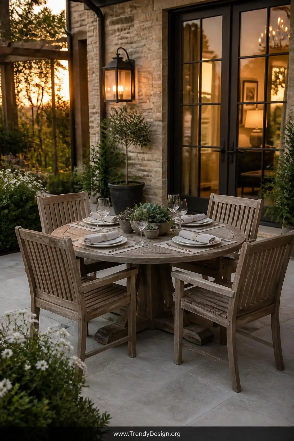 Round weathered teak outdoor dining table with four matching slatted chairs set with white ceramic plates, linen napkins, and a low centerpiece of potted succulents, positioned on a light gray stone patio close to French doors, warm golden hour light, wide shot of a defined alfresco dining zone, photorealistic transitional style.