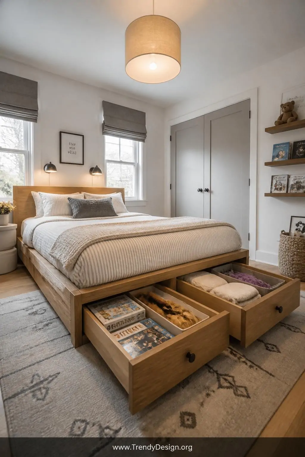 A low platform bed with natural oak wood finish sits centered in a soft gray and white kids bedroom, its two deep pull-out un