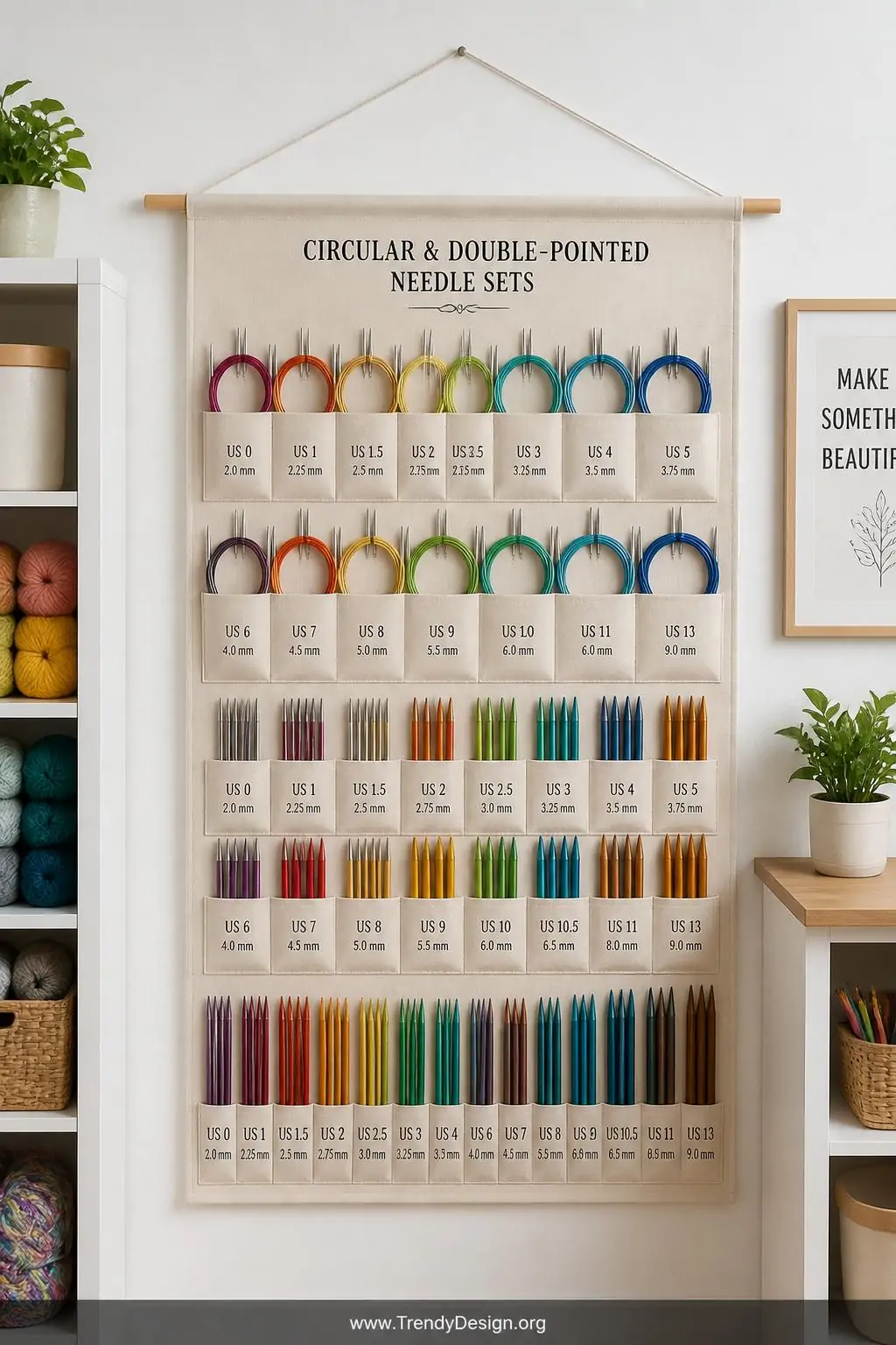Canvas wall-mounted pocket organizer hung on a white craft room wall displaying rows of labeled circular and double-pointed needle sets in individual pockets, bright even studio lighting, multiple rows of organized colorful needle handles visible, wide shot showing full wall section