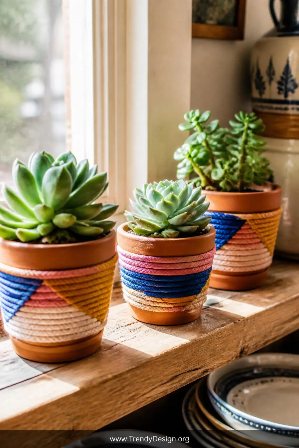 Embroidery floss-wrapped terracotta succulent pots arranged on a sunlit wooden windowsill, bohemian kitchen, geometric stripe bands of cobalt, blush, and ochre thread tightly coiled around small pots cradling plump green succulents, bright natural daylight, closeup.