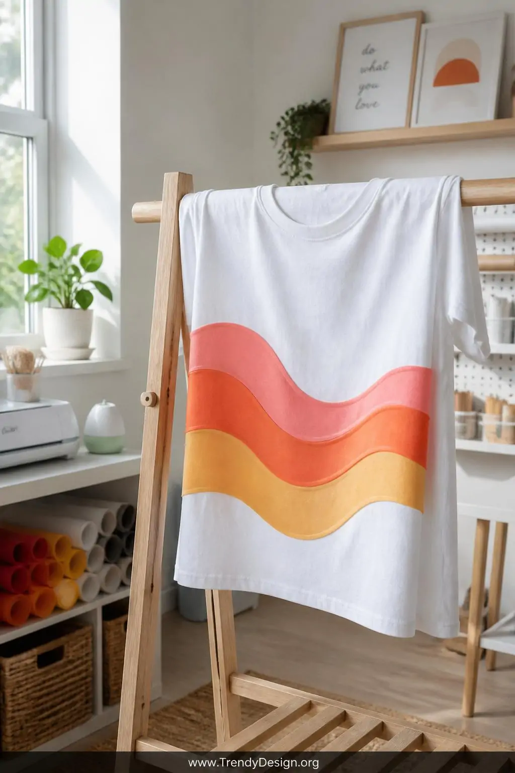 White cotton tee with layered coral, orange, and golden yellow sunset ombre HTV waves pressed in offset layers, draped over a light oak clothing rack, bright airy craft room, natural window light catching the textured vinyl gradient layers, medium wide shot